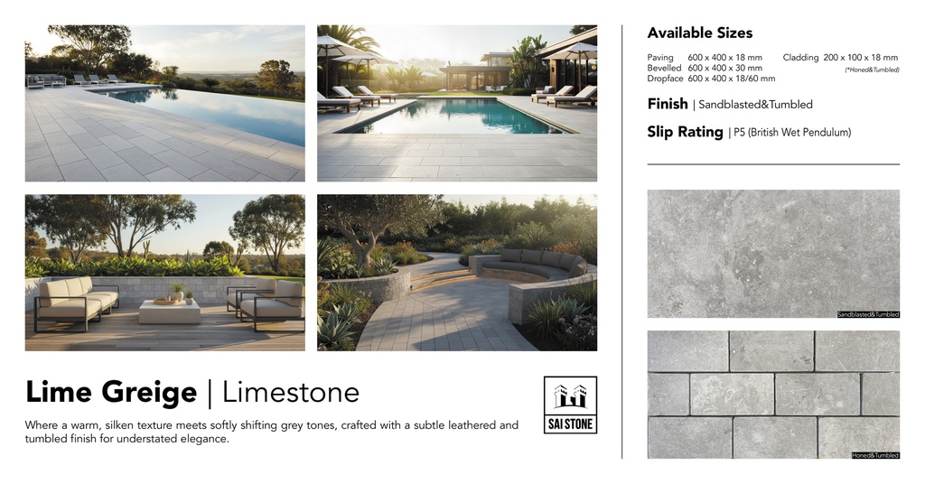 Lime Greige Limestone Coping 600x400x18drop60 Sandblasted+Tumbled